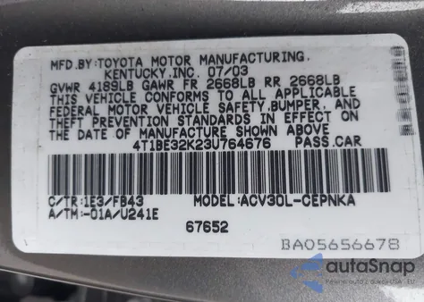 2003 Toyota Camry Le from USA, damaged, VIN 4T1BE32K23U764676